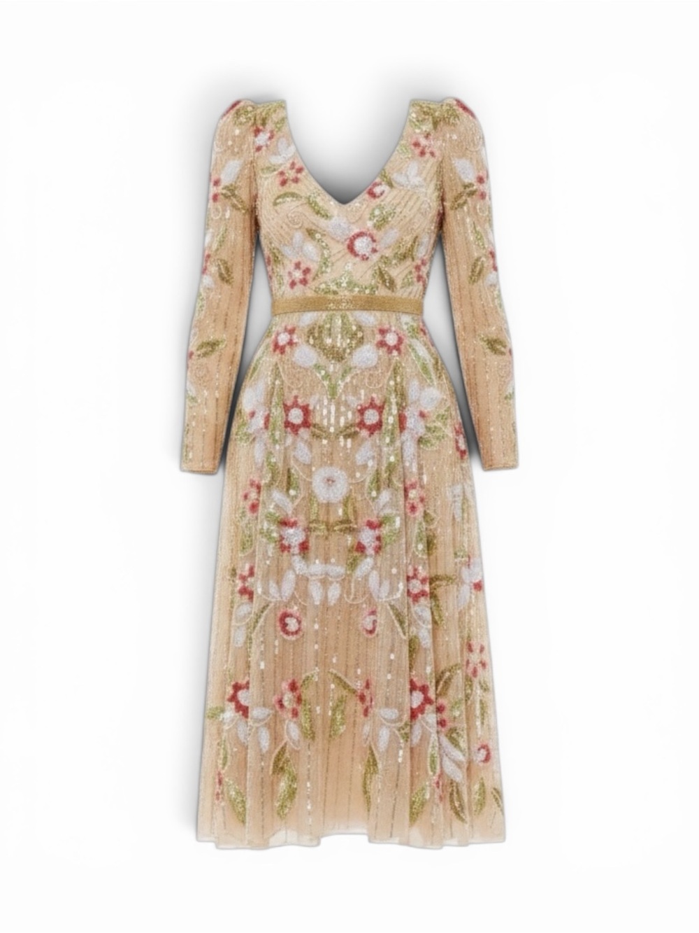 NWT Mac Duggal Long Sleeve Floral Sequined Beaded A-line Midi Dress